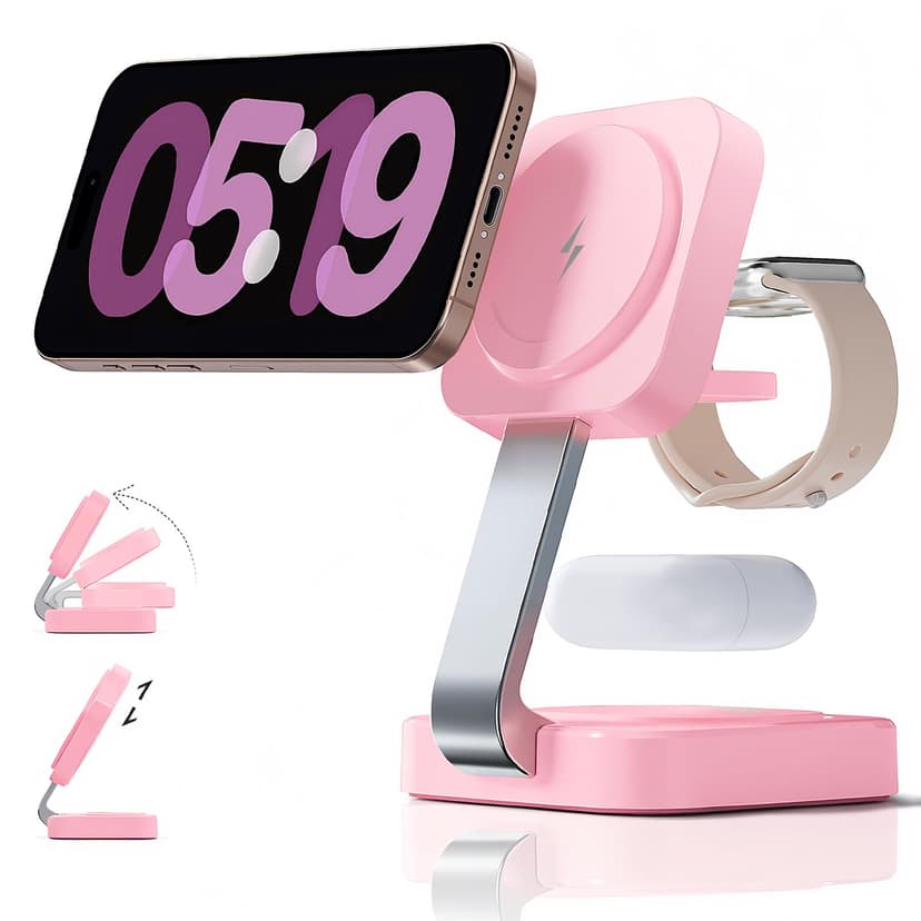 2026 Traveling Wireless Magnetic Fast Charging Station,3 in 1 Charger with i Phone 17 16 15 14 13 12 Pro Max Plus,Apple Watch Series & Air pod 4 3 2 Pro-Gifts for Wife & Husband(Pink)