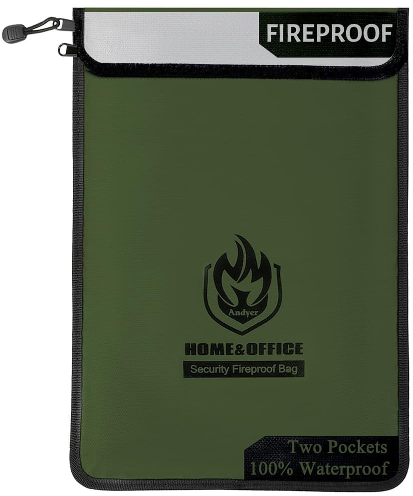 Upgraded Two Pockets Fireproof Document Bag (2000℉), andyer 15”x 11”Waterproof Fireproof Money Bag for Cash with Zipper, Important Document Storage Organizer for Valuables, Legal Documents Safe