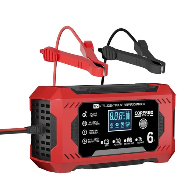 Corebox Battery Charger 6-Amp 12V Automatic Smart Battery Trickle Charger, Battery Maintainer Desulfator with Temperature Compensation for Car Truck Motorcycle Lawn Mower Marine