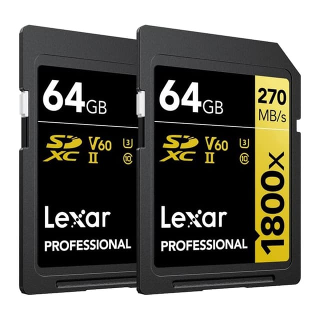 Lexar Professional 1800x SDXC UHS-II Card Gold Series, 270 MB/s Read, 180 MB/s Write, Designed for Durability (64GB, 2-Pack)