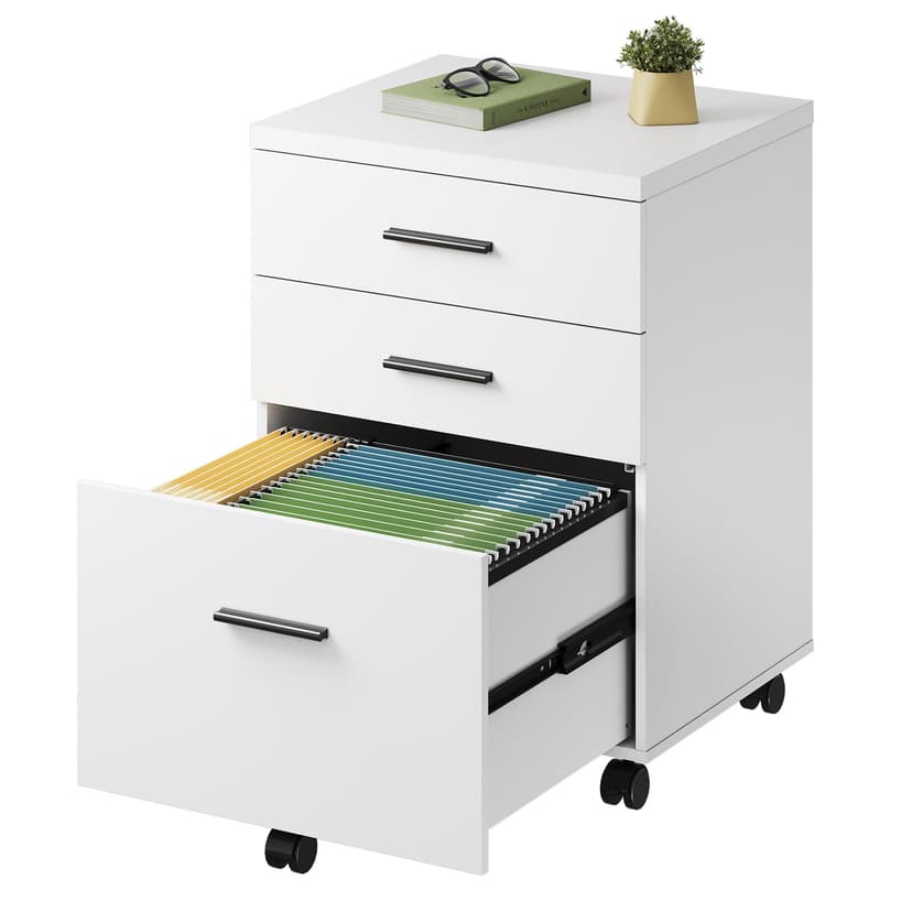 DEVAISE 3 Drawer File Cabinet for Home Office, Wood Under Desk Filing Cabinet, Rolling Printer Stand with Wheels, White