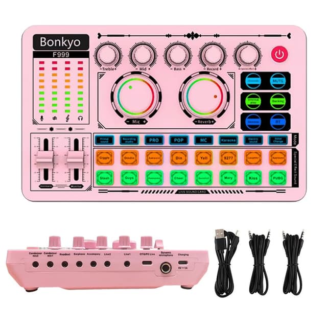 F999 Pink Live Streaming Sound Card, Professional Audio Mixer, Voice Changer Soundboard with Audio Interface, Bluetooth, Noise Reduction, DJ Mixer Board for Live/Podcasting/Gaming