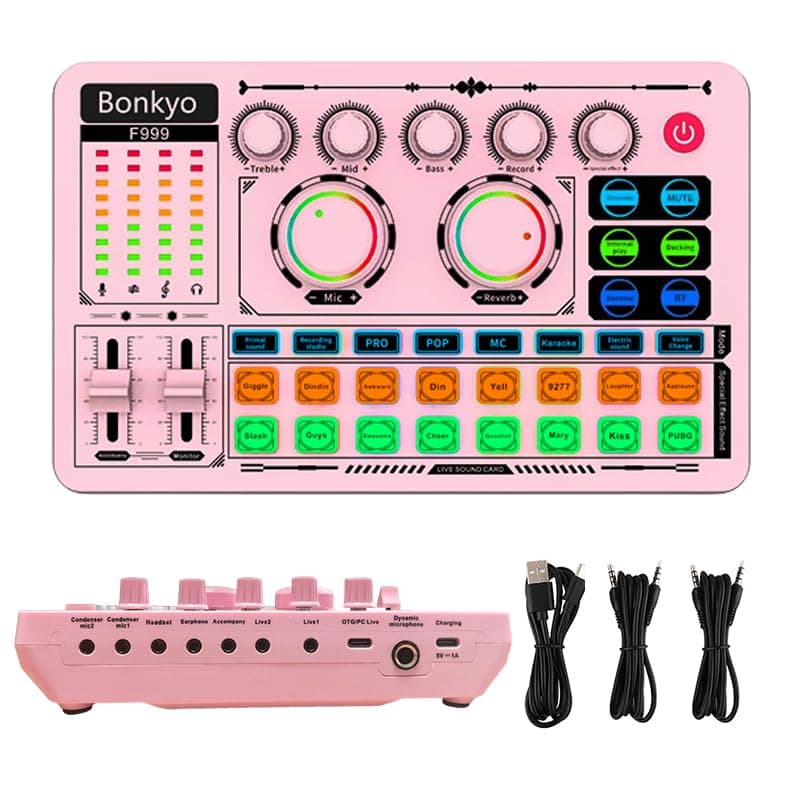 F999 Pink Live Streaming Sound Card, Professional Audio Mixer, Voice Changer Soundboard with Audio Interface, Bluetooth, Noise Reduction, DJ Mixer Board for Live/Podcasting/Gaming