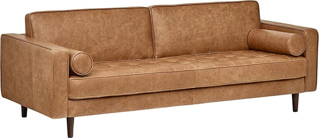 Amazon Brand – Rivet Aiden Mid-Century Modern Sofa Couch, 86.6"W, Cognac Leather