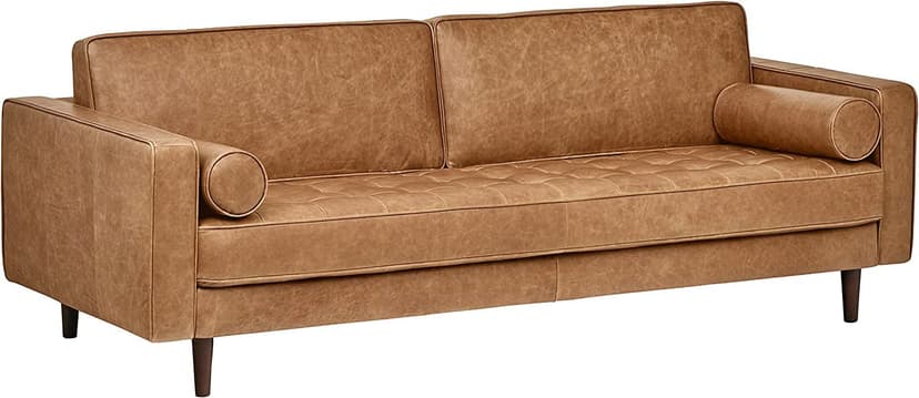 Amazon Brand – Rivet Aiden Mid-Century Modern Sofa Couch, 86.6"W, Cognac Leather