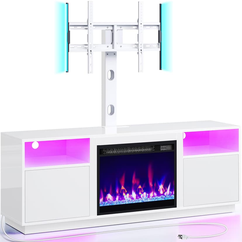 Rolanstar Fireplace TV Stand with Led Lights and Power Outlets, Entertainment Center with Electric Fireplace, Swivel TV Stand Mount for 45/55/60/65 inch TVs, Height Adjustable TV Console, White