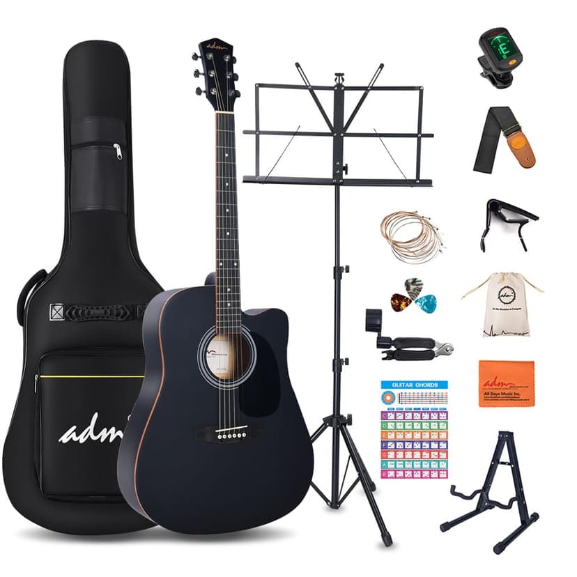 ADM Beginner Acoustic Guitar, Kids Students Cutaway Guitar Bundle Free Lessons with Gig Bag, Tuner, Strap, Picks, Extra Strings etc (Black-Cutaway, 41 Inch)