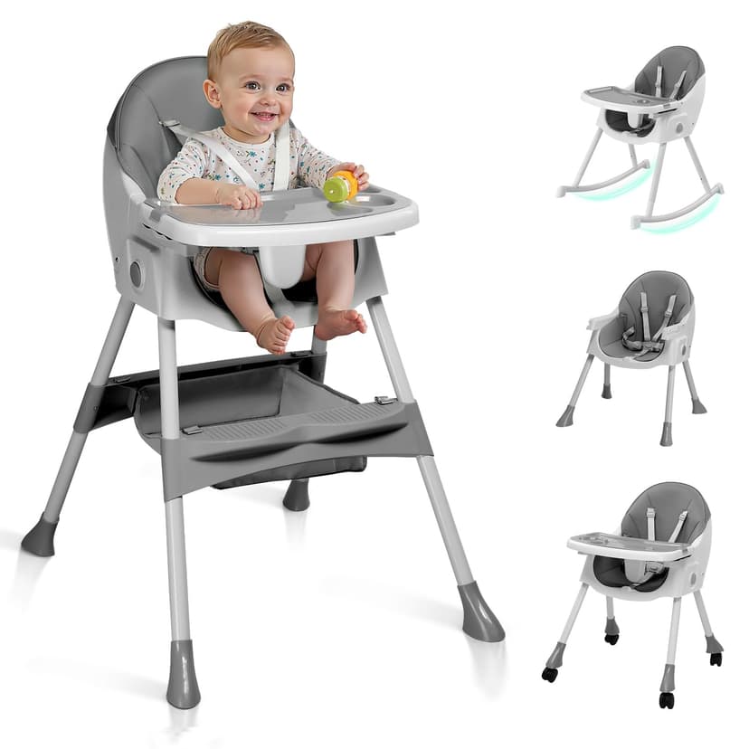 Ktaxon Baby High Chair, 6-in-1 Portable Feeding Rocking Seat with Adjustable Backrest, Removable Tray and 5-Point Safety Harness, Travel Folding Highchair for Toddlers & Babies, Grey