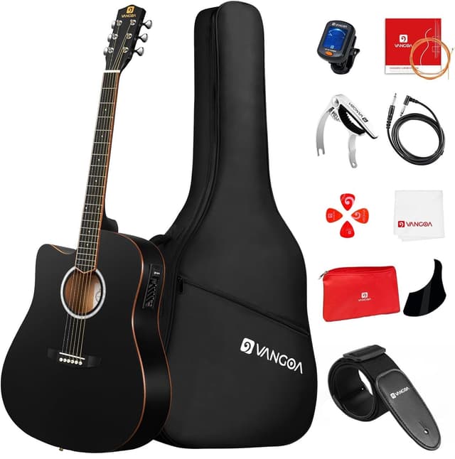 Vangoa Left Handed Acoustic Electric Guitar Kit for Adult Beginner Full Size Cutaway Lefty Acoustic Guitar Bundle Set with Built-in 4 Band EQ Bag Tuner Cable Strap Capo String, Matte Black