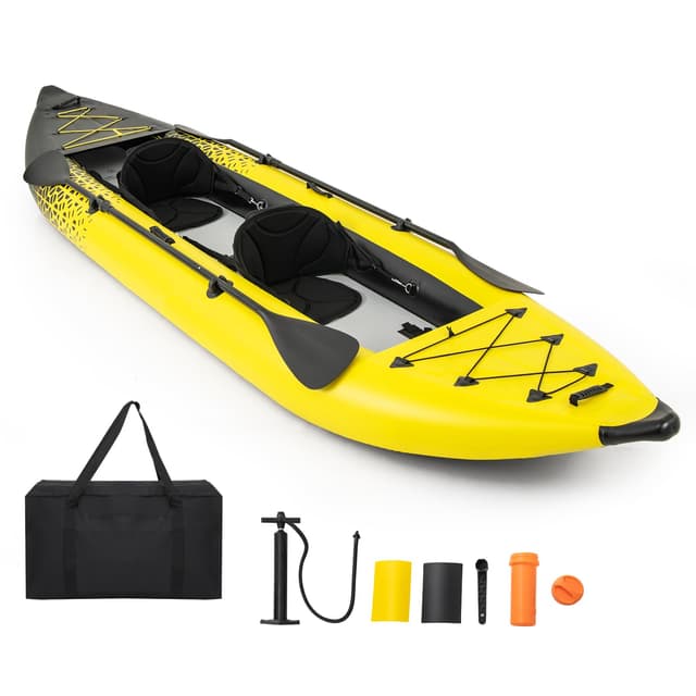 GYMAX Inflatable Kayak, 12.5Ft 507lbs Tandem Kayak with 2 Aluminum Paddles, 2 Padded Seats, Footrests, 2 Fins, Hand Pump, Carry Bag & Repair Kit, 2 Person Fishing Touring Kayak for Adults (Yellow)