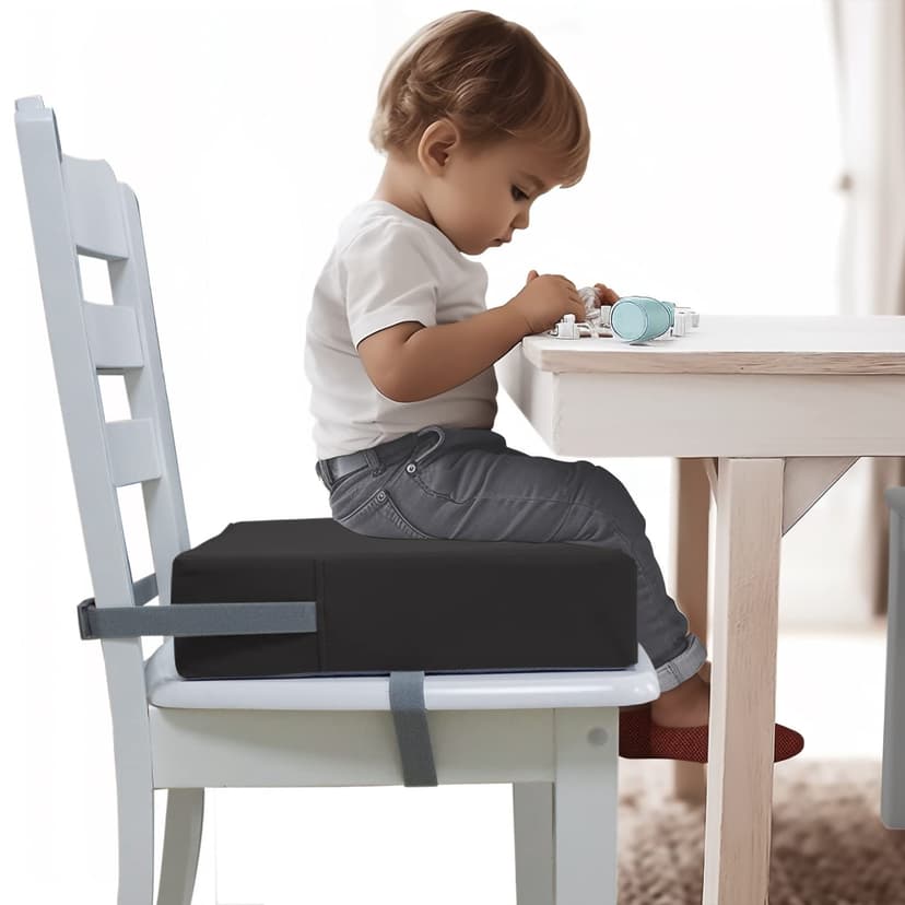 Eiury Toddler Booster Seat Dining Table Kitchen Chair, Waterproof Anti-Scratch PU Cushion, Non-Slip Bottom, Adjustable Buckle Straps, Easy Clean Portable Seat Cushion (Dark Grey)