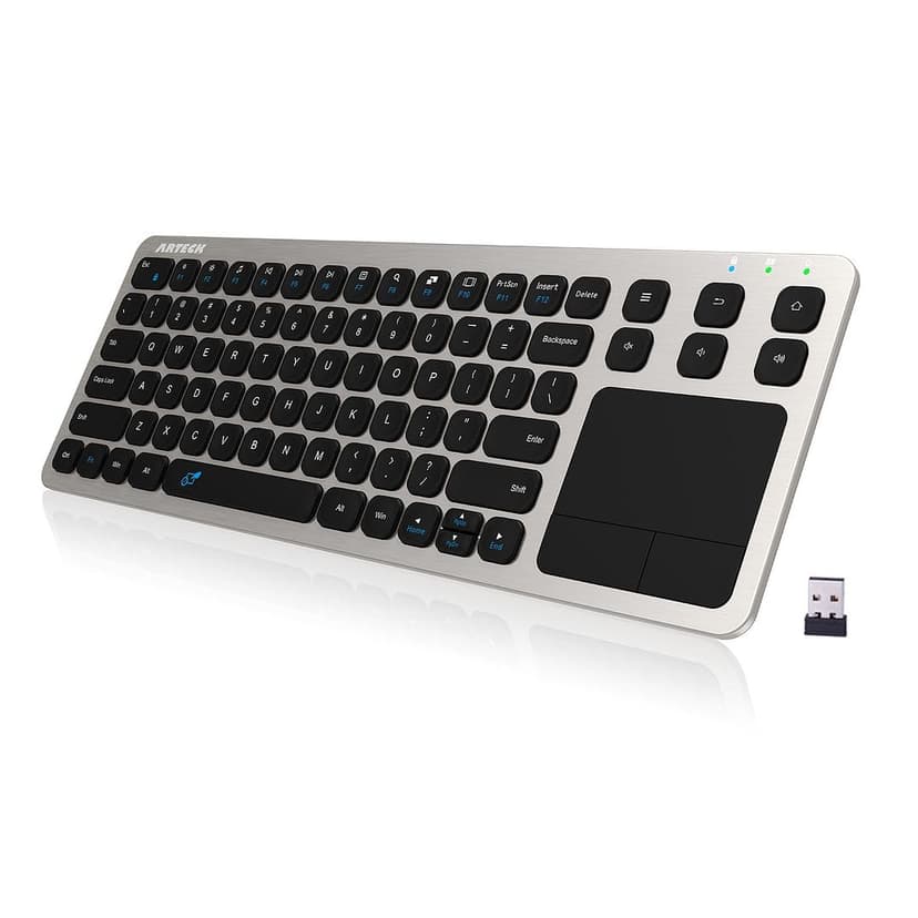 Arteck 2.4G Wireless Touch TV Keyboard with Easy Media Control and Built-in Touchpad Mouse Solid Stainless Ultra Compact Full Size Keyboard -Connected Computer, Smart TV, HTPC