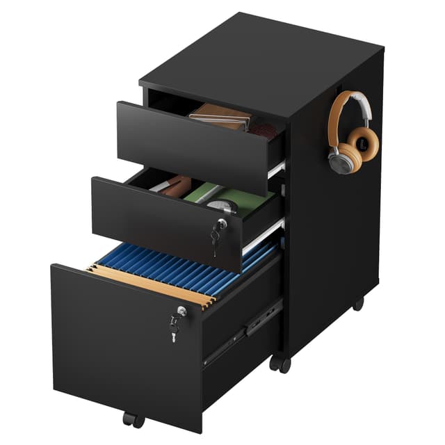 DEVAISE 3 Drawer File Cabinet with Lock, Small Rolling Filing Cabinet Under Desk, Wood Office Drawers Fits Letter/Legal/A4 Size Folders, Black