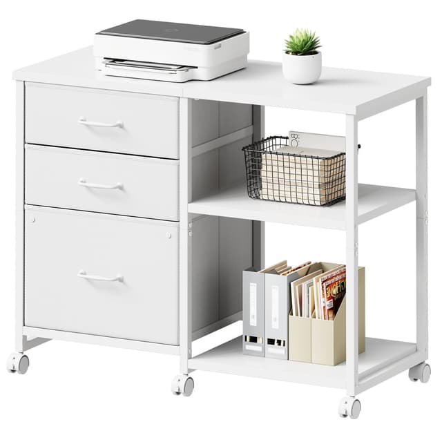 Maihail 3 Drawer File Cabinet with Wheels Rolling Printer Stand with Open Storage Shelf Fabric Lateral Filing Cabinet for Home Office,White