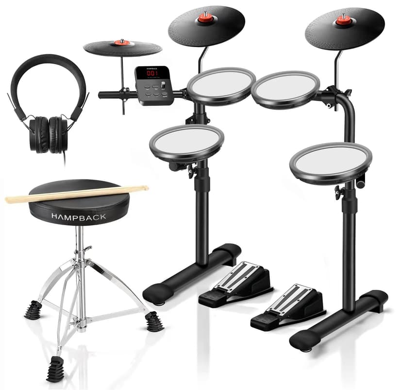 HAMPBACK MK-0 Electric Drum Set with 7'' Quiet Mesh Drum Pads, 8'' Full Rubber Cymbals, 12 Kits and 68 Authentic Sounds, USB MIDI, Throne, Sticks, Headphone, 2 Switch Pedals for Beginners & Kids