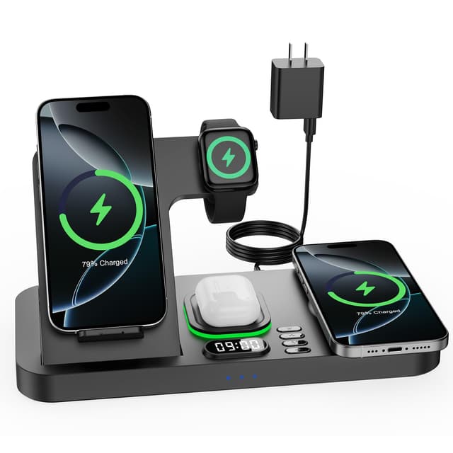 Dual Phone Wireless Charging Station for Apple Devices, Magnetic Charging Station for iPhone with Auto Switch 7-Color Light&Clock, Family Watch Charger for iPhone17 for iWatch11 for AirPods Pro3(Black