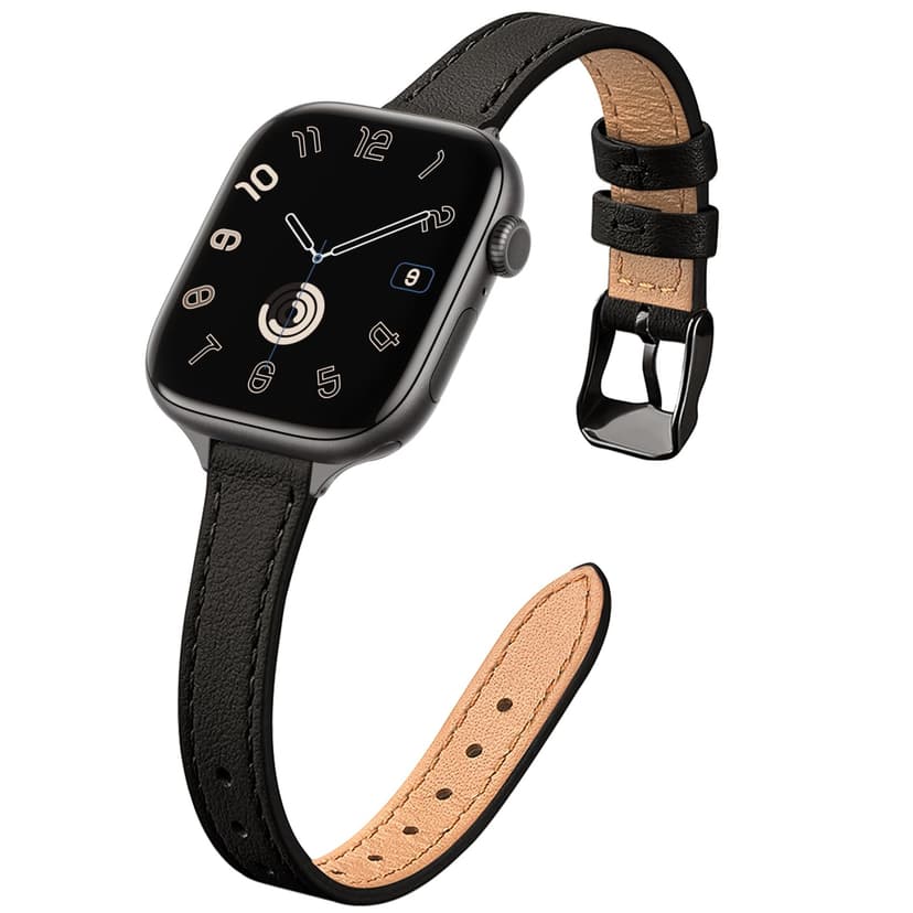 STIROLL Slim Leather Bands Compatible with Apple Watch Band 38mm 40mm 41mm 42mm(Series 11 10), Top Grain Leather Watch Thin Wristband for iWatch Ultra SE Series 9 8 7 6 5 4 3 2 1 (Black)