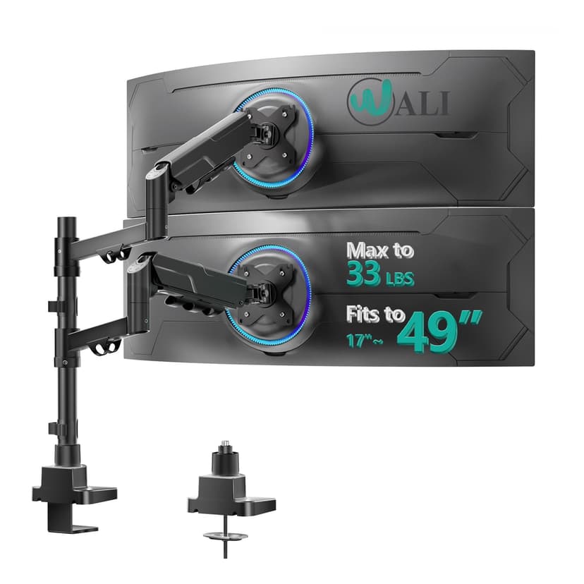 WALI Vertical Dual Monitor Stand for 17-49” Ultrawide Curved Screens, Heavy Duty Stacked Dual Monitor Mount with Tall Pole, Adjustable Gas Spring Monitor Arm up to 33lbs, 75/100mm VESA, Black