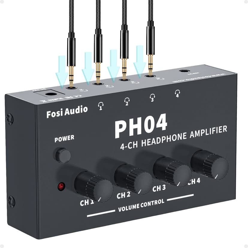 Fosi Audio PH04 4 Channel Headphone Amplifier Stereo Audio Amp with 12V 1A Power Adapter Ultra-Compact Portable Headphone Splitter for Studio and Stage