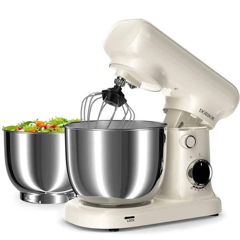 Stand Mixer with 3QT+3.5QT Dual Bowls, 10-Speed Electric 300W Food Mixer - Includes Egg Whisk, Dough Hook & Flat Beater for Home Baking & Daily Cooking (White)