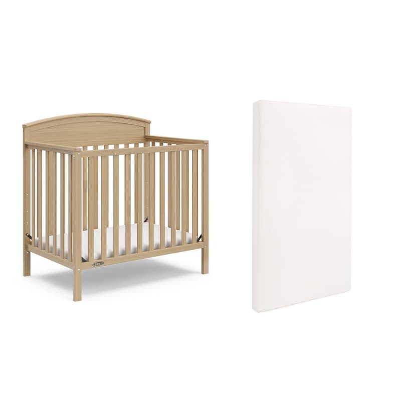 Graco Benton 4-in-1 Convertible Mini Crib with Bonus Crib Mattress (Driftwood) – GREENGUARD Gold Certified, 2.75-Inch Mattress Included, Baby Crib Converts to Twin Bed, Ideal for Small Spaces