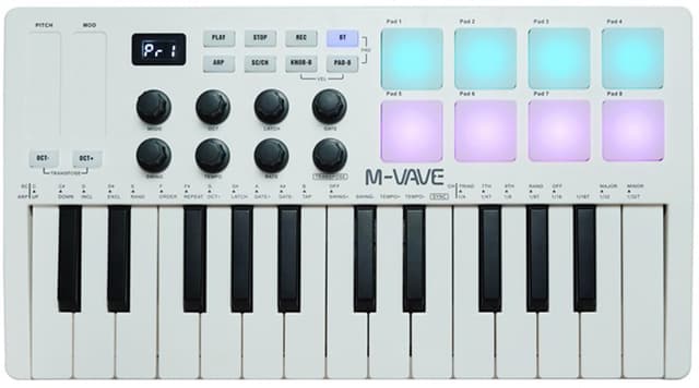 M-VAVE 25 Keys 8 Backlit Drum Pads MIDI Keyboard – Professional Beat Maker and Keytar for Keyboard Music Production Builtin Battery Wireless Connect White