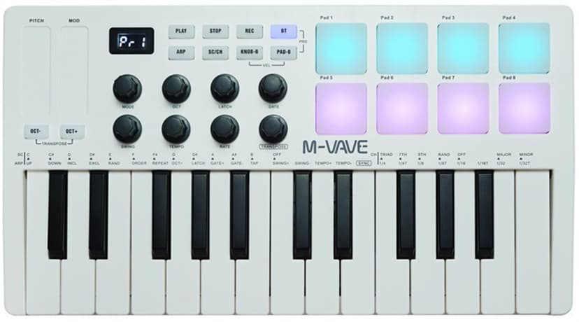M-VAVE 25 Keys 8 Backlit Drum Pads MIDI Keyboard – Professional Beat Maker and Keytar for Keyboard Music Production Builtin Battery Wireless Connect White