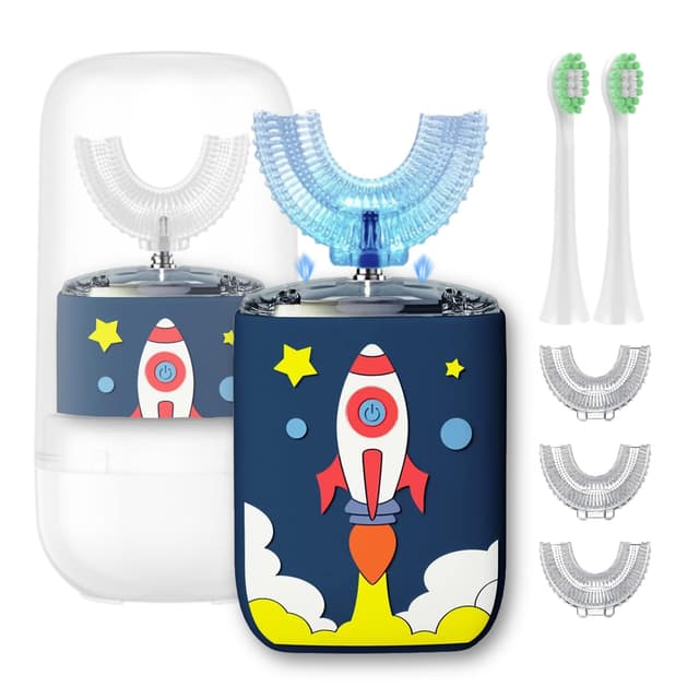 Geacker Kids U Shaped Electric Toothbrush Ultrasonic Automatic Brush with 5 Brush Head Rinse Cup 6 Clean Modes IPX7 Waterproof Whole Mouth Rechargeable Smart Timer Toothbrushes for Children Age 2-7