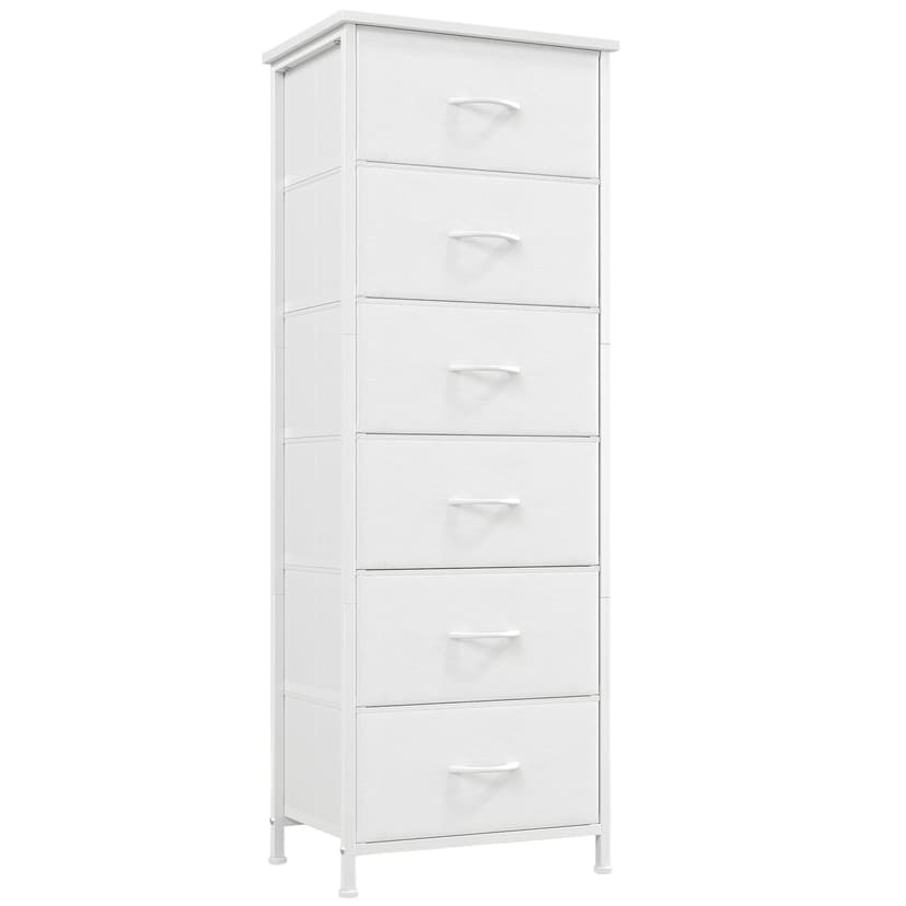 Somdot Tall Dresser for Bedroom with 6 Drawers, Storage Organizer Chest of Drawers with Removable Fabric Bins for Closet Bedside Living Room Laundry Entryway Hallway, White Leather