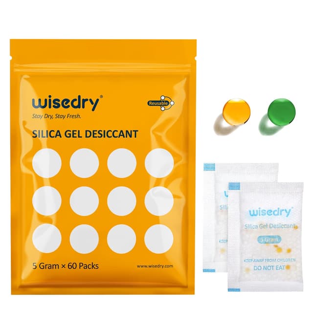 wisedry 5 Gram [60 Packs] Food Grade Silica Gel Packs Rechargeable Desiccant Dehumidifiers Pouches with Color-Indicating Beads Reusable Moisture Absorbers for Food Storage