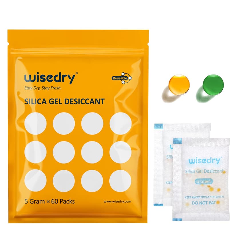 wisedry 5 Gram [60 Packs] Food Grade Silica Gel Packs Rechargeable Desiccant Dehumidifiers Pouches with Color-Indicating Beads Reusable Moisture Absorbers for Food Storage