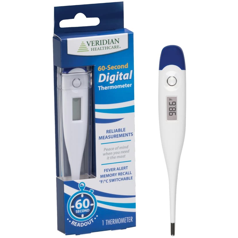 Veridian Digital Thermometer | 60-Second Readout | Fever Alert + Memory Recall| Clinical Rigid Tip | Hygienic Water-Resistant Easy Cleaning | Storage Case + Probe Covers Included