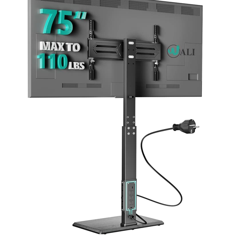WALI Floor TV Stand with Power Outlet, Tall TV Stand Mount for 32-75 inch TV up to 110 lbs, Swivel and Height Adjustable TV Stands with Wood Base for Bedroom, Office(TVDVD-7P), Black