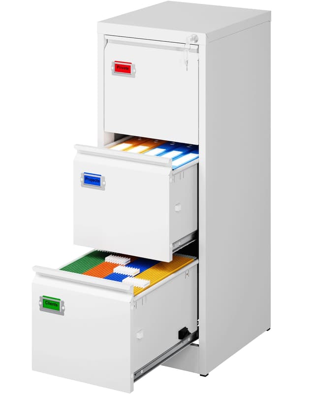 PEUKC 3-Drawer File Cabinet with Lock, 16.3" Deep Vertical Filing Cabinets, Metal File Cabinets for Home Office, Anti-Tip 3 Storage Drawers for Letter/Legal/A4/F4 Size (Assemble Required, White)