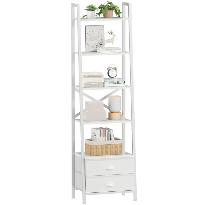 Furologee 5-Tier Ladder Shelf with 2 Drawers,Narrow Bookshelf Storage Shelves,Industrial Bookcase Freestanding Rack Units for Bedroom,Living Room,Bathroom,Home Office,Balcony,Wood Metal, White