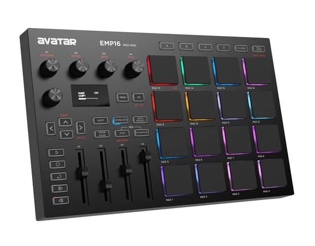 HXW EMP16 MIDI Pad Controller Beat Maker Machine With Bluetooth, 16 RGB Velocity Sensitive Beat Pads, 16 Level, Full/Half Level, OLED Display, MIDI In/Out