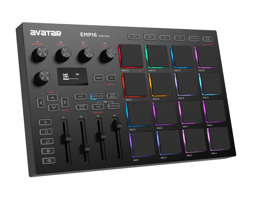 HXW EMP16 MIDI Pad Controller Beat Maker Machine With Bluetooth, 16 RGB Velocity Sensitive Beat Pads, 16 Level, Full/Half Level, OLED Display, MIDI In/Out