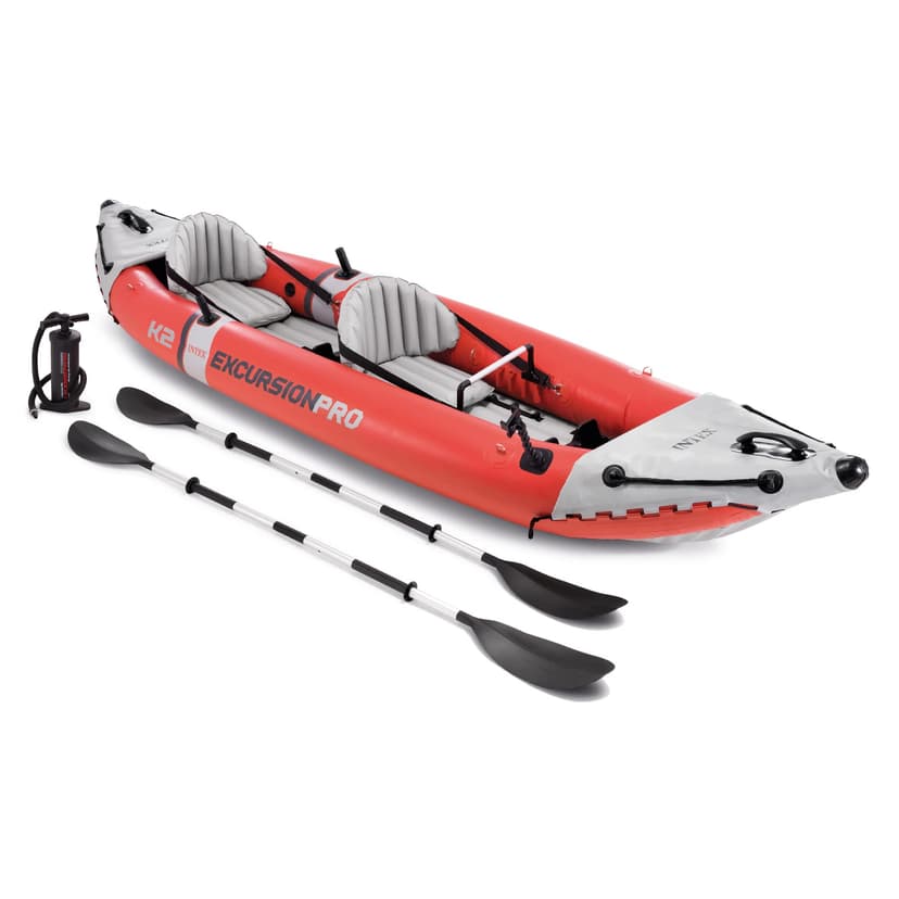68309EP Excursion Pro K2 Inflatable Kayak Set: includes Deluxe 86in Kayak Paddles and High-Output Pump – SuperTough PVC – Adjustable Bucket Seat – 2-Person – 400lb Weight Capacity Bundle with Cleaning