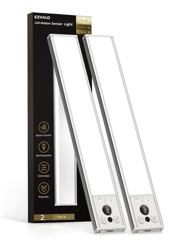 EZVALO 10inch Under Cabinet Lighting, LED Motion Sensor Light Indoor, 2400mAh USB Rechargeable Closet Lights, Dimmable & Magnetic Wireless Under Counter Lights for Kitchen, Pantry, Stairs (2 Pack)