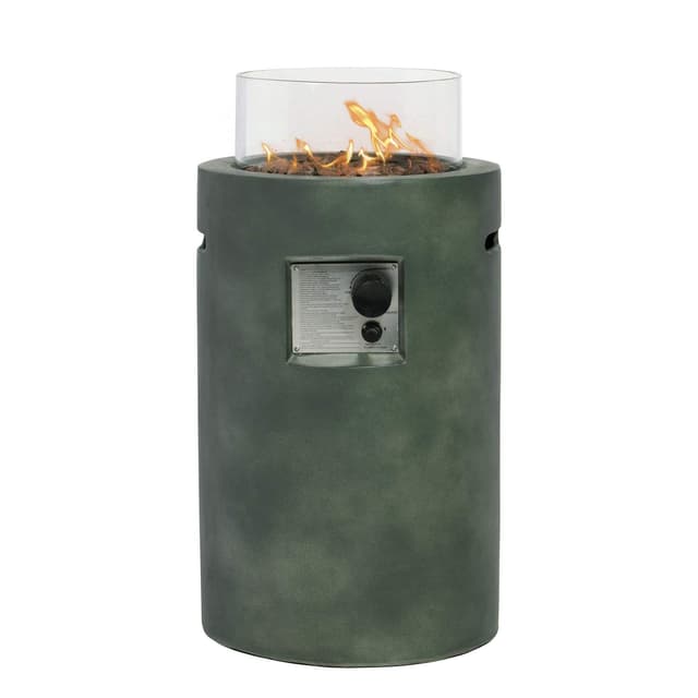 COSIEST Outdoor Propane Fire Pit Table w Compact Ledgestone 16-inch Round Graphite Base and Glass Wind Guard, 40,000 BTU, Free Lava Rocks, Fits 20lb (Grayish-Green)