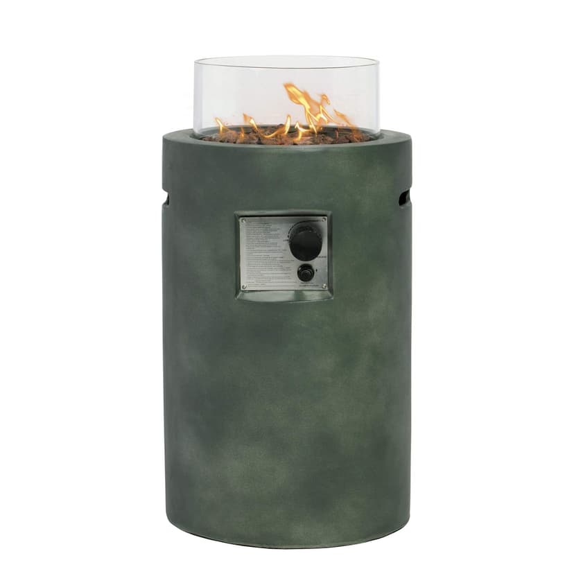 COSIEST Outdoor Propane Fire Pit Table w Compact Ledgestone 16-inch Round Graphite Base and Glass Wind Guard, 40,000 BTU, Free Lava Rocks, Fits 20lb (Grayish-Green)