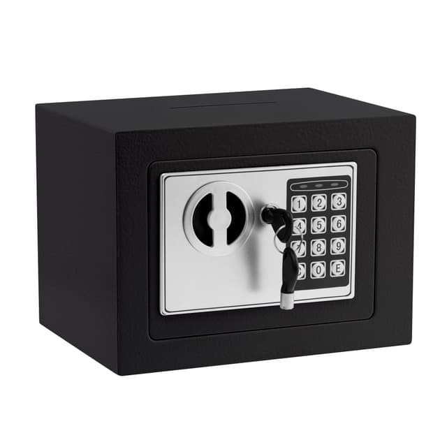 Small Electronic Safe Box With Digital Keypad & Keys - 9.05 x 6.7 x 6.7 Inches Wall Safe 0.23Cuft Mini Security Box for Coin Home Office Hotel Rooms Business Jewelry Gun (Black)