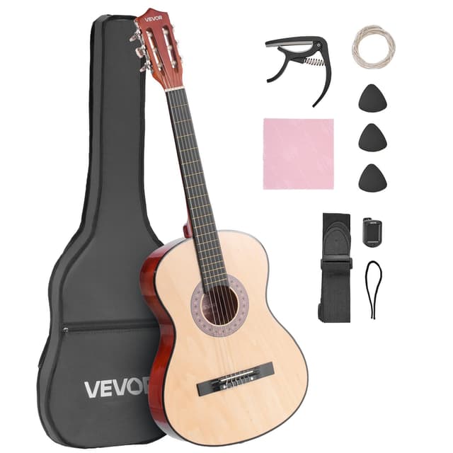 VEVOR 38 Inch Beginner Acoustic Guitar, Classical Guitar Full Starter Kit with Nylon Strings, Gig Bag, Strap, Tuner, Extra Strings, Pick, Capo, for Teenagers Adults Students Youth, Natural
