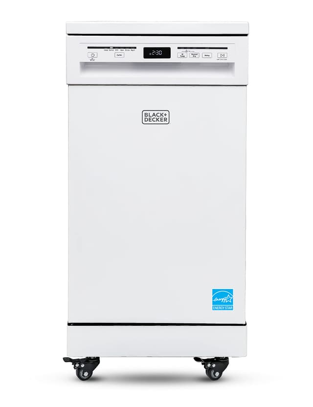 BLACK+DECKER 18” Portable Dishwasher, Compact Dish Washer with 8-Place Setting Capacity, Stainless Steel Tub, 6 Wash Programs, Worktop Space, Mobile Dishwasher with Casters, Faucet Connect, White