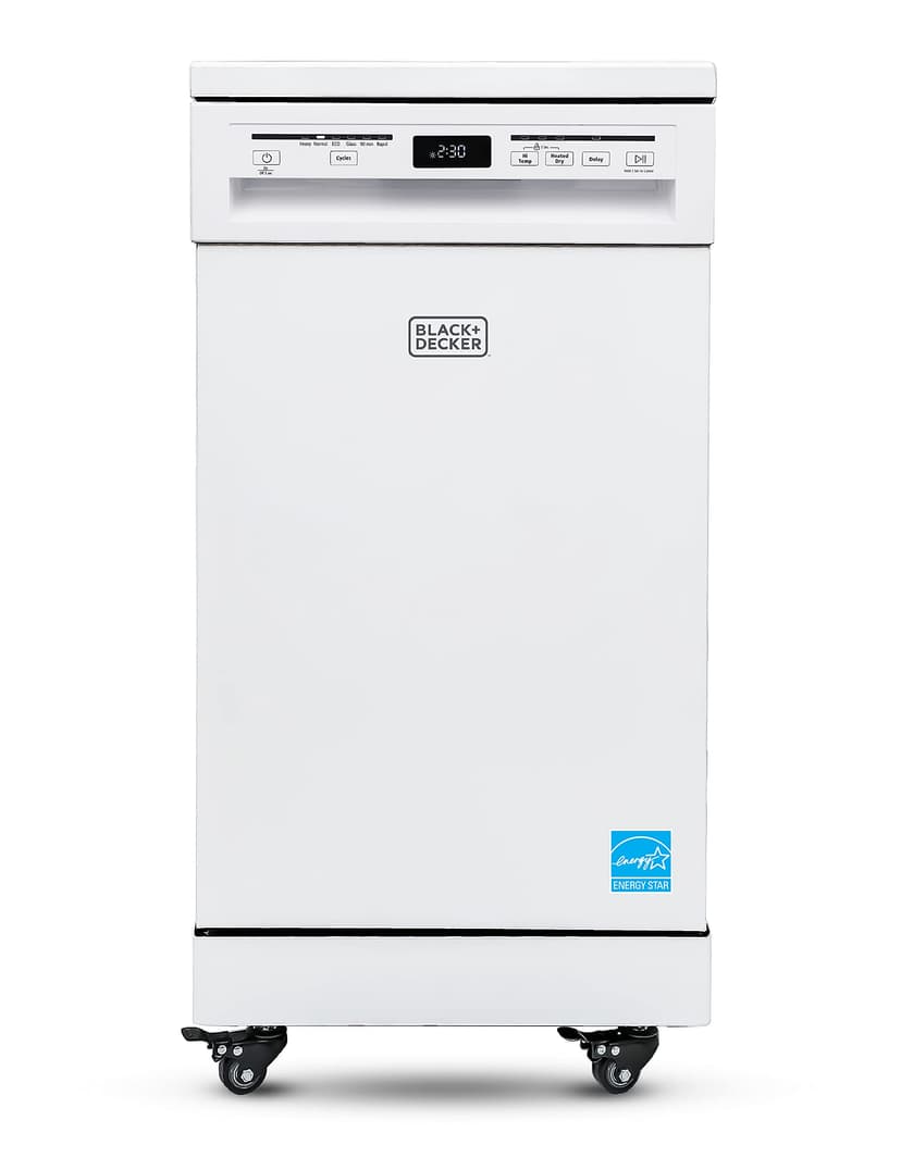 BLACK+DECKER 18” Portable Dishwasher, Compact Dish Washer with 8-Place Setting Capacity, Stainless Steel Tub, 6 Wash Programs, Worktop Space, Mobile Dishwasher with Casters, Faucet Connect, White