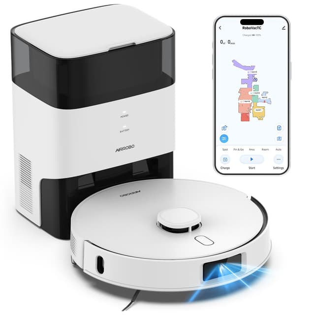 AIRROBO T30+ Robot Vacuum and Mop, 75-Day Self-Emptying, 12,000Pa Suction, Active Intelligent Obstacle Avoidance, Tangle-Free Brush, Carpet Avoidance, LiDAR Navigation, Smart Mapping, White