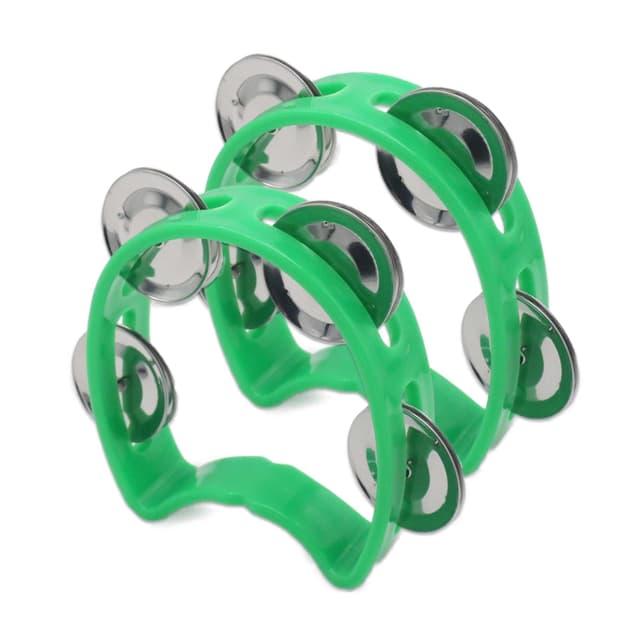 Cheerock 2-Pack Plastic Percussion Handheld Tambourines with 4 Jingle Bells, Green Mini Rhythm Instruments for Practice, Rehearsal and Performance