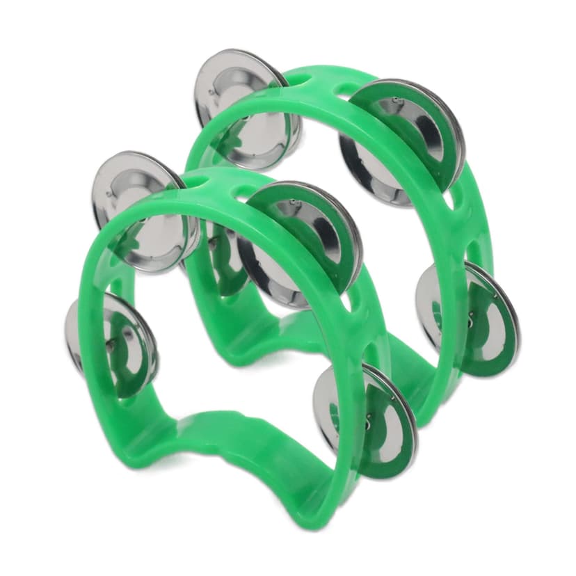 Cheerock 2-Pack Plastic Percussion Handheld Tambourines with 4 Jingle Bells, Green Mini Rhythm Instruments for Practice, Rehearsal and Performance