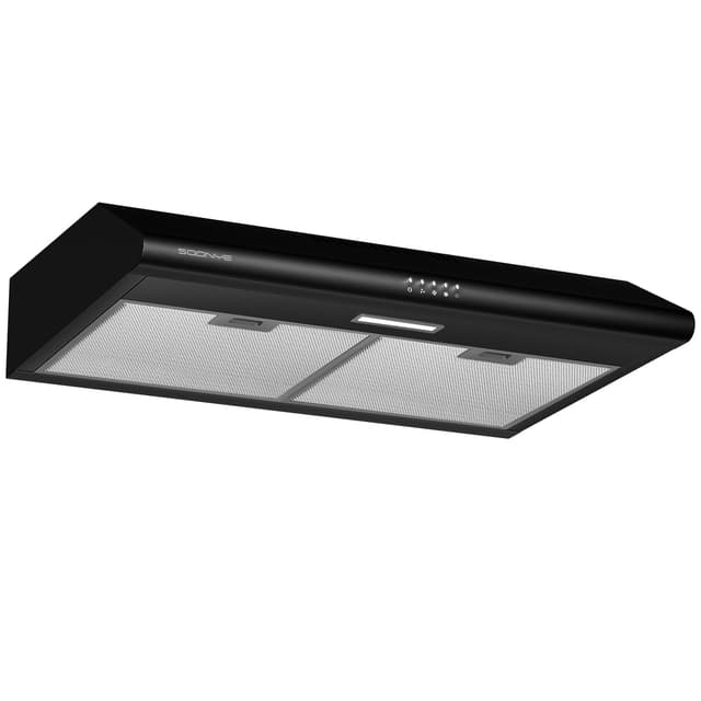 SOONYE 30 inch Black Under Cabinet Range Hood, Stainless Steel Slim Kitchen Vent Hood Ducted/Ductless Convertible with 3 Speed Controls, 5-Layer Aluminum Filters,LED Lights
