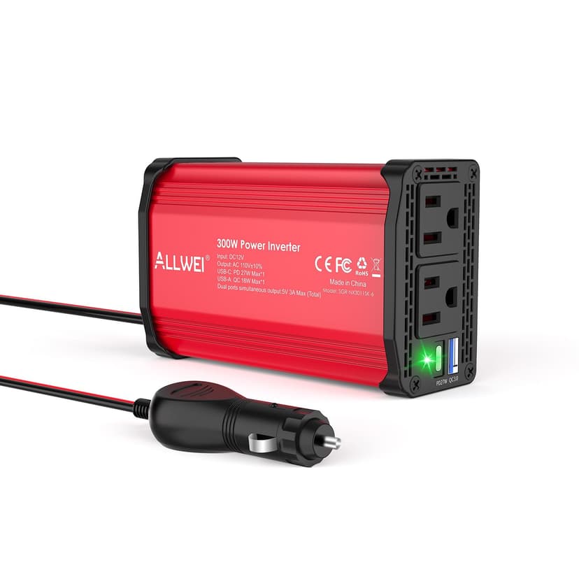 ALLWEI 300W Power Inverter DC 12V to 110V AC, Compact Car Plug Adapter Outlet with 27W PD USB-C &18W USB-A Fast Charging, Cigarette Lighter Adapter Car Charger for Phone, Laptop on Road Trip - Red